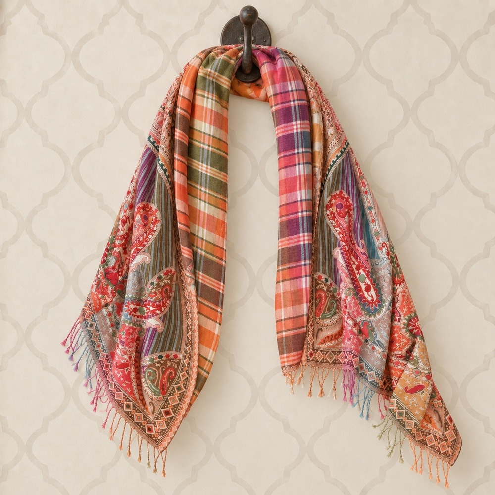 Raj Scarf Vintage Paisley Plaid Embroidered Fringe Multi Color OS